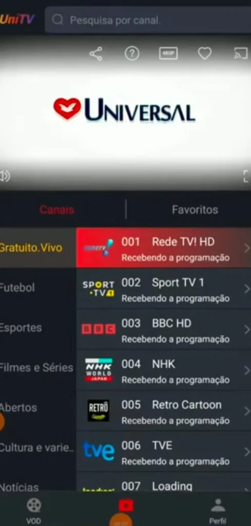 Tela do aplicativo UniTV 6